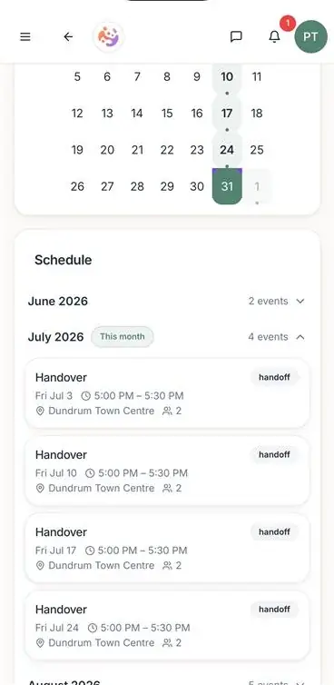 ParenThing shared calendar with pickups, drop-offs and activities