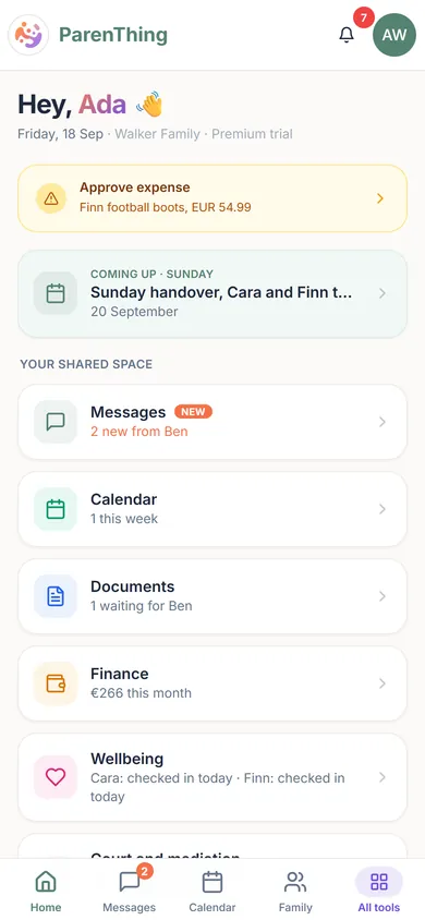 ParenThing home screen with an expense to approve, the next handover and the shared space for both parents