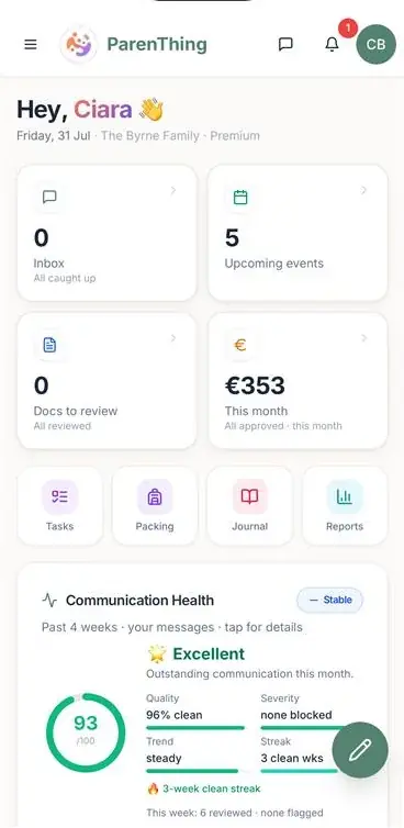 ParenThing dashboard showing today's schedule, messages and money in one place