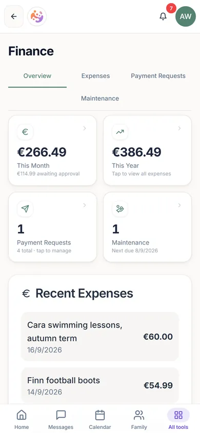 ParenThing finance screen with this month's shared costs and an expense awaiting approval