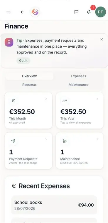 ParenThing finance screen with shared expenses and approvals