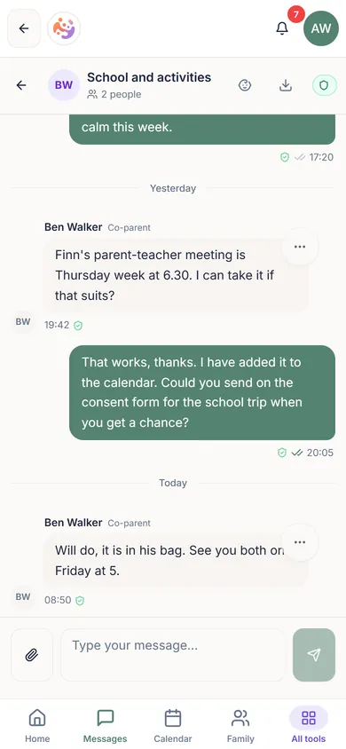 ParenThing message thread between two parents, each message checked for tone before it sends