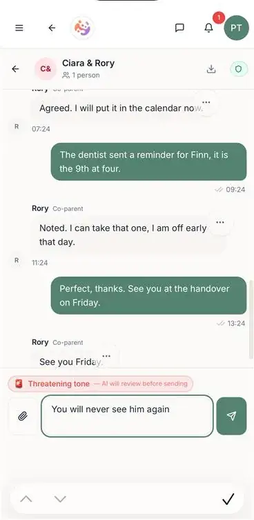 ParenThing messaging with an AI tone suggestion before a message is sent