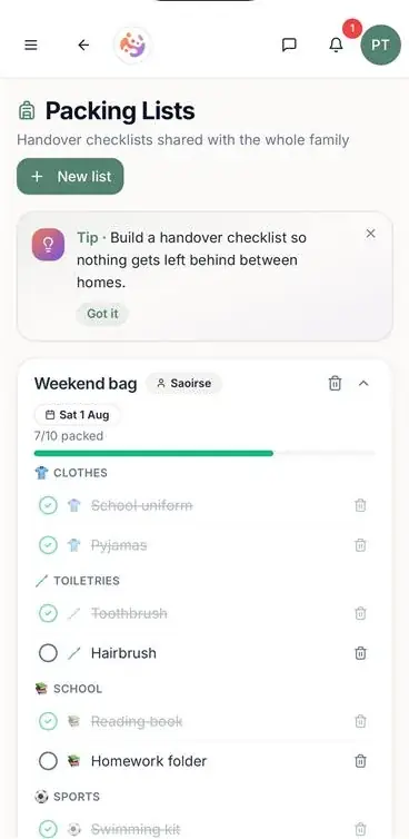 ParenThing packing list for moving between two homes