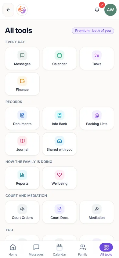 ParenThing All tools screen with tasks, packing lists, journal, reports and court tools